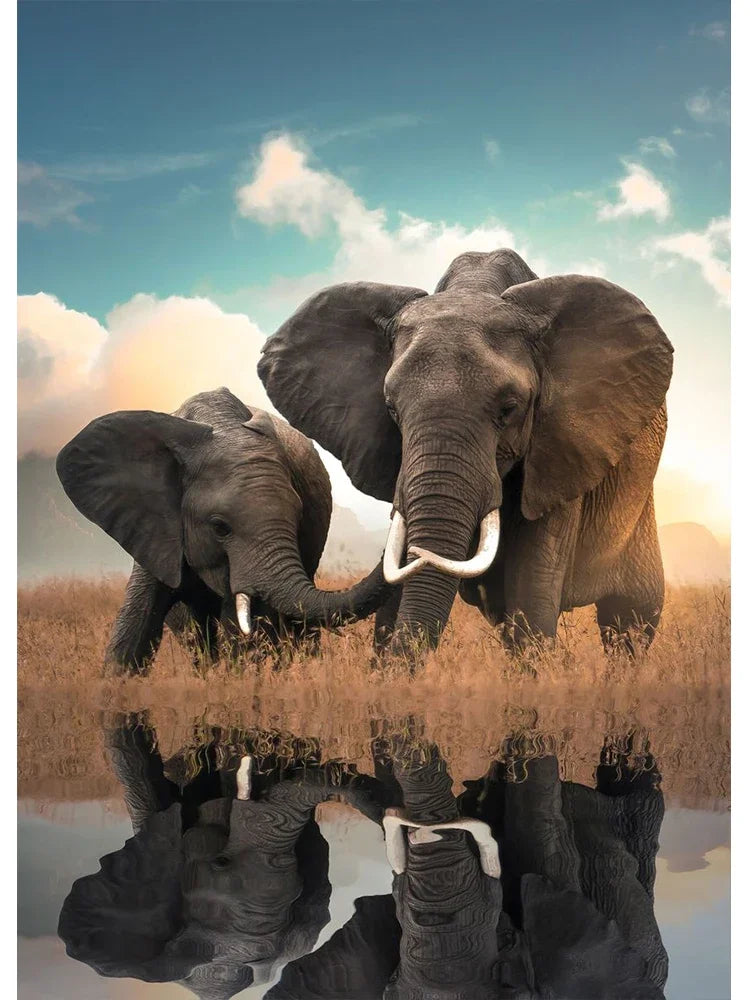 Tableau Éléphants et Reflets