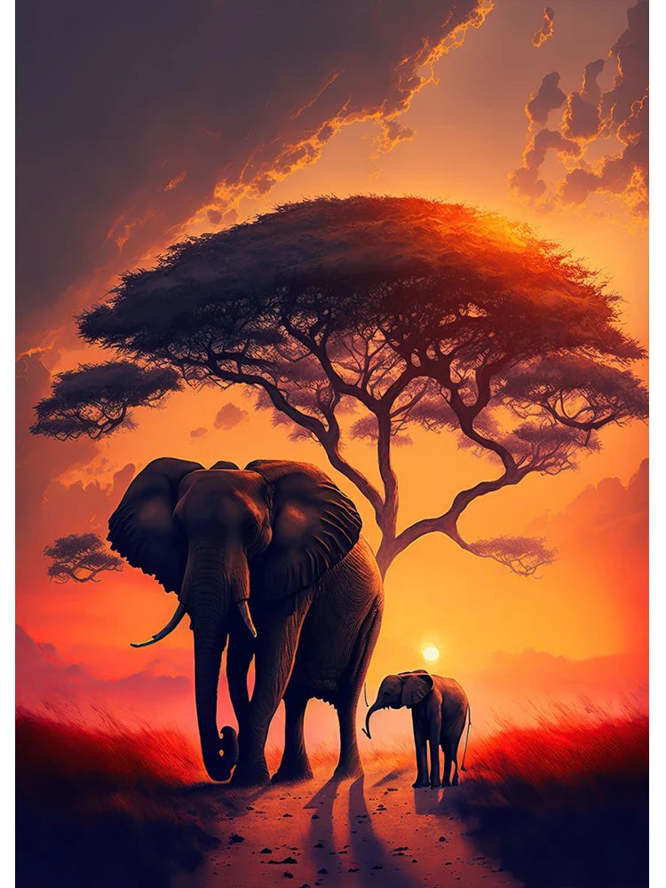 Tableau Éléphants Savane Crépuscule
