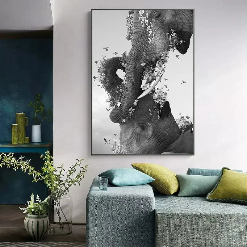 Tableau Éléphant Floral Minimaliste