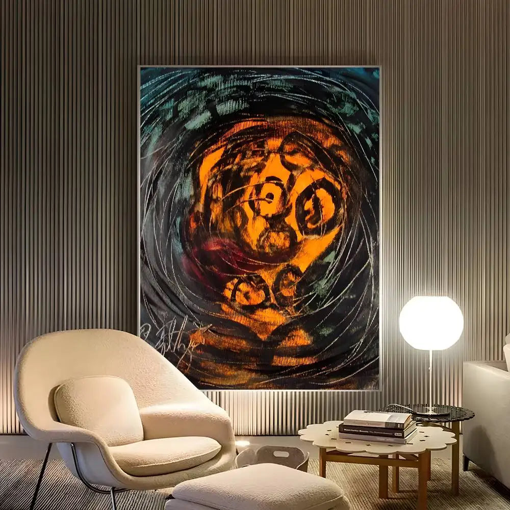 Tableau Abstrait Cercles Noir Orange
