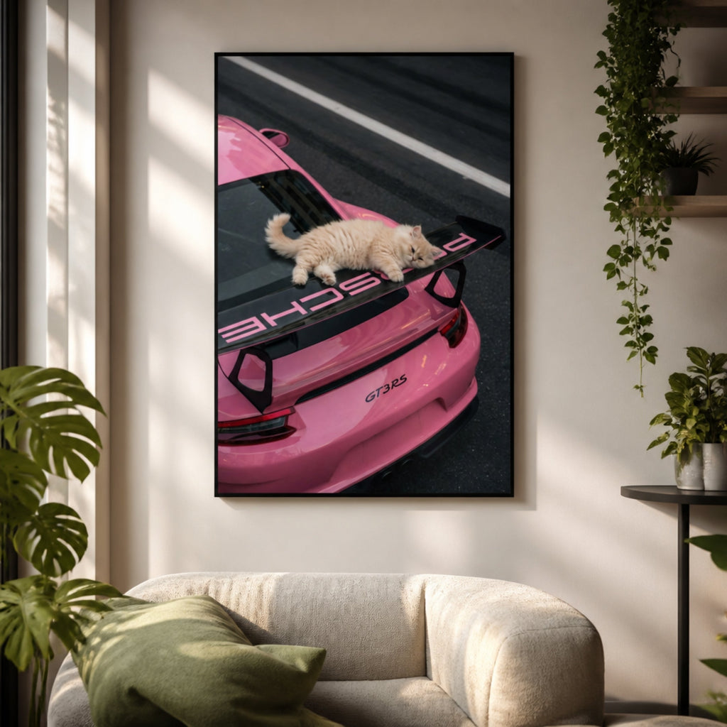 Affiche Chat Porsche Rose pour salon