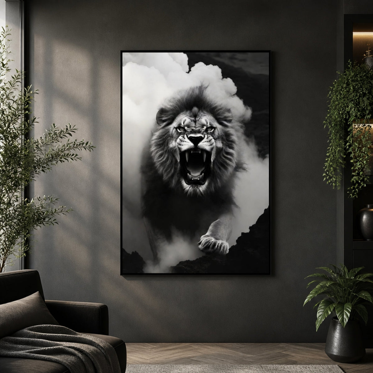 Cadre Lion Noir et Blanc Face pour salon