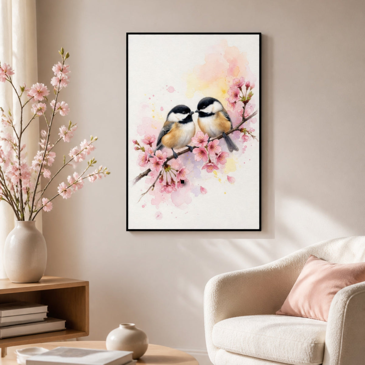 Peinture Aquarelle Oiseaux et Fleurs pour salon