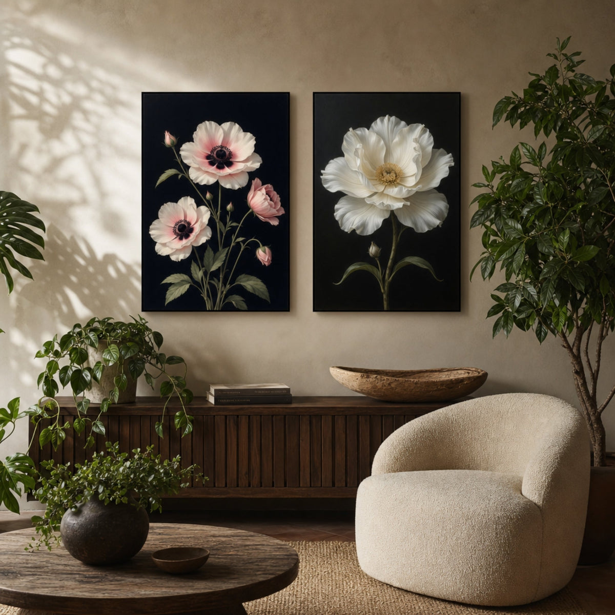 Peinture Fleurs sur Fond Noir dans salon