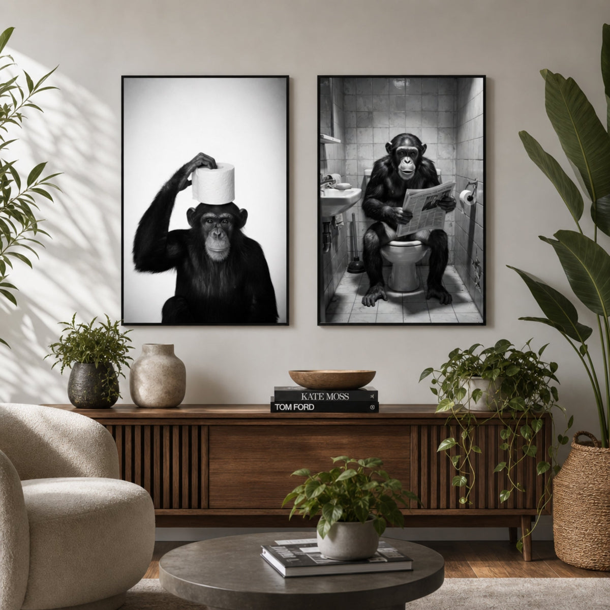 Poster Singe Toilette Noir et Blanc dans salon