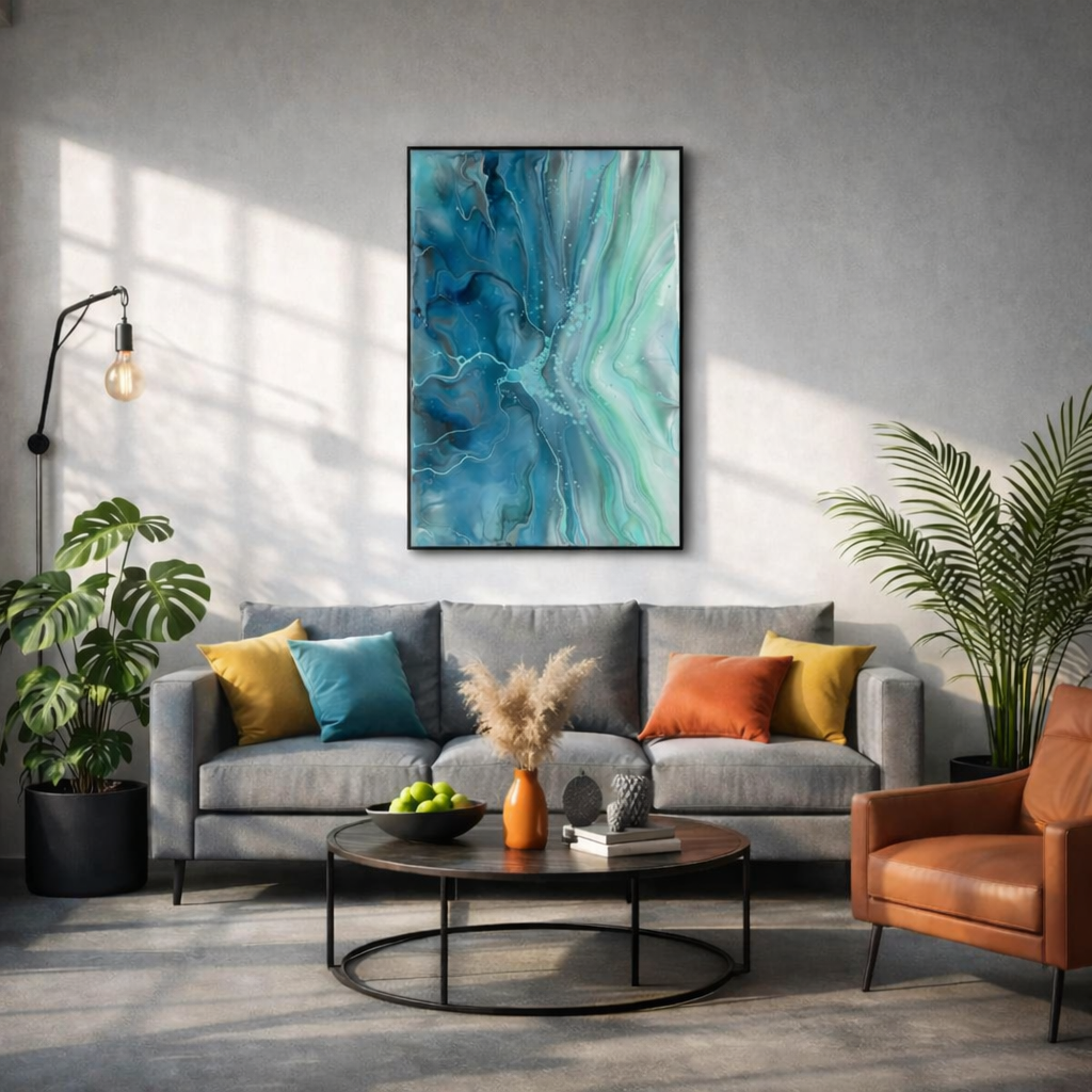 Tableau Abstrait Bleu Canard pour salon