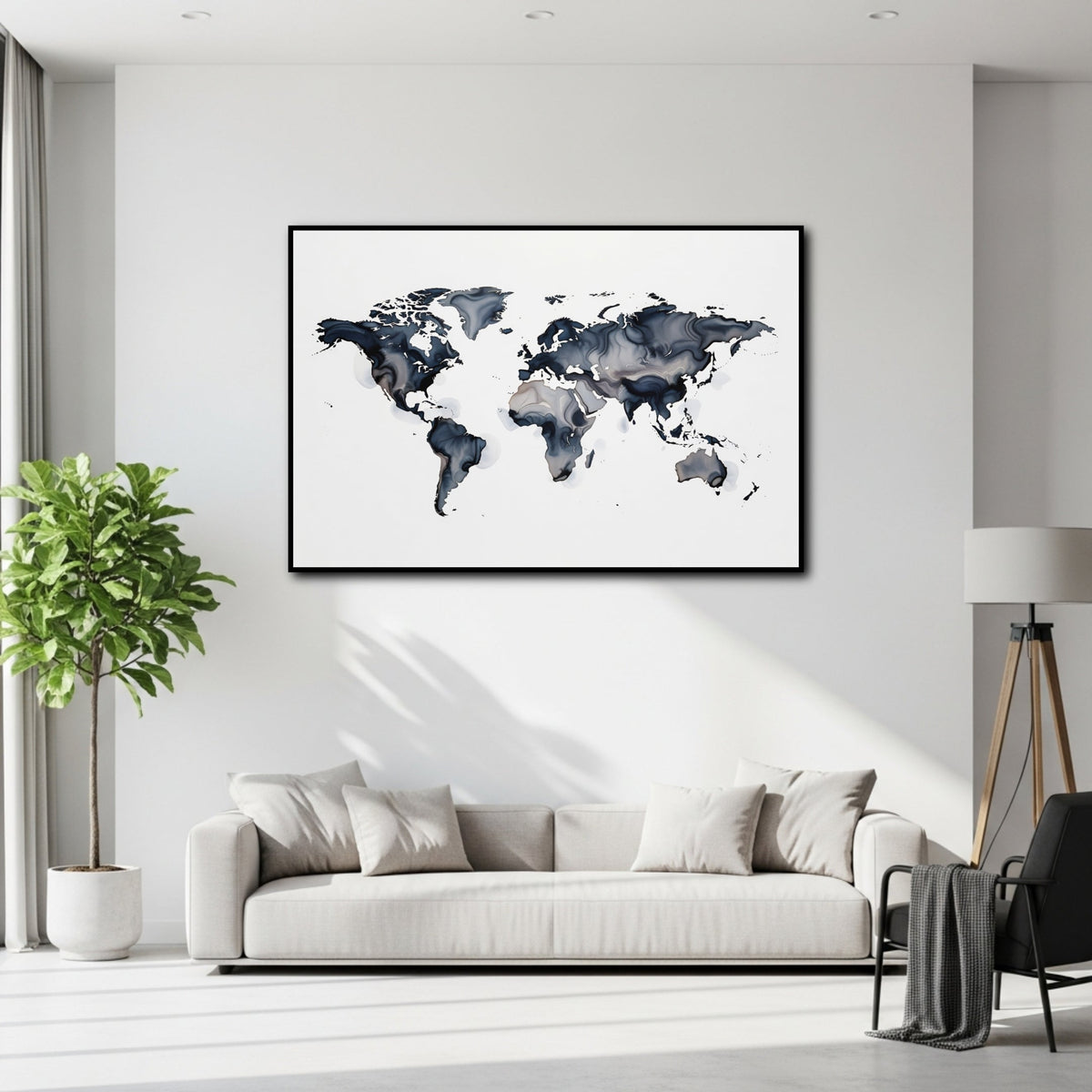 Tableau Carte du Monde Noir et Blanche pour salon