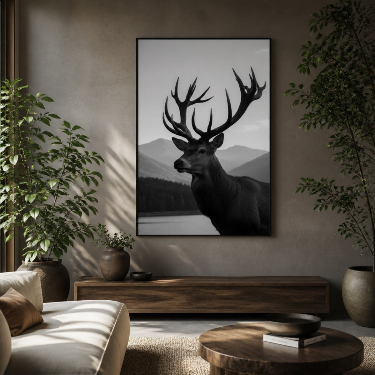 Tableau Cerf Noir et Blanc pour salon