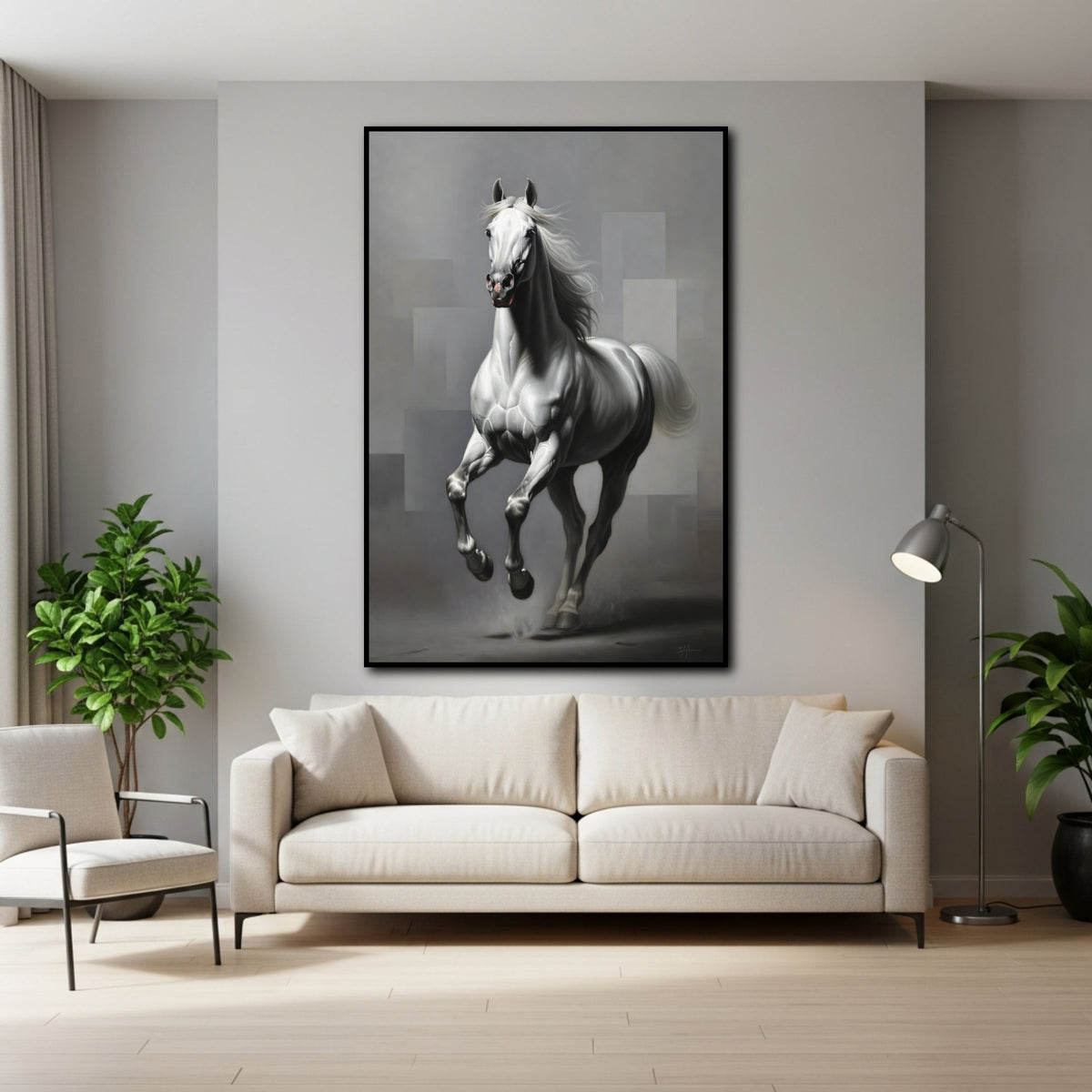 Tableau Cheval Noir et Blanc pour salon