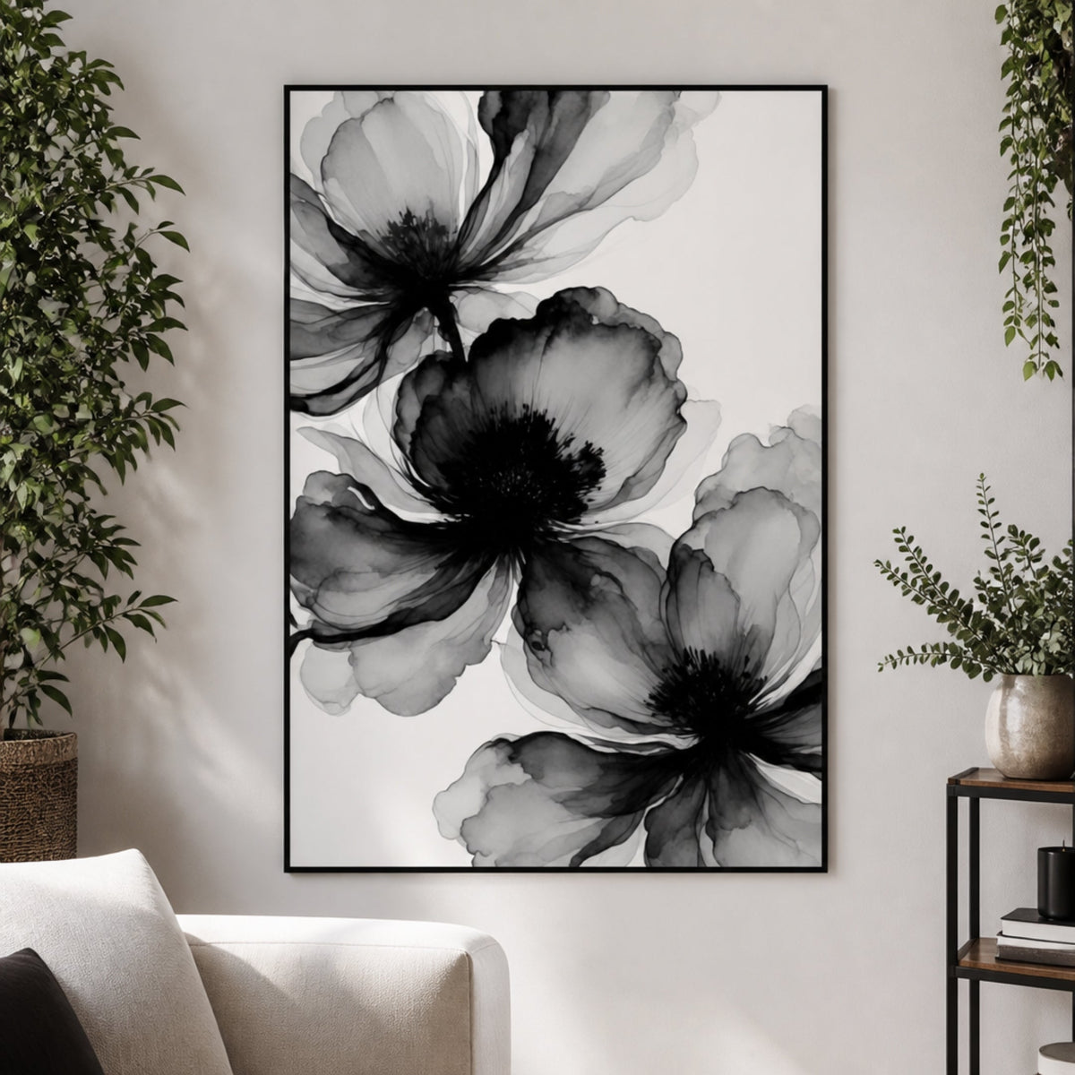 Tableau Fleurs Noir et Blanc Moderne pour salon