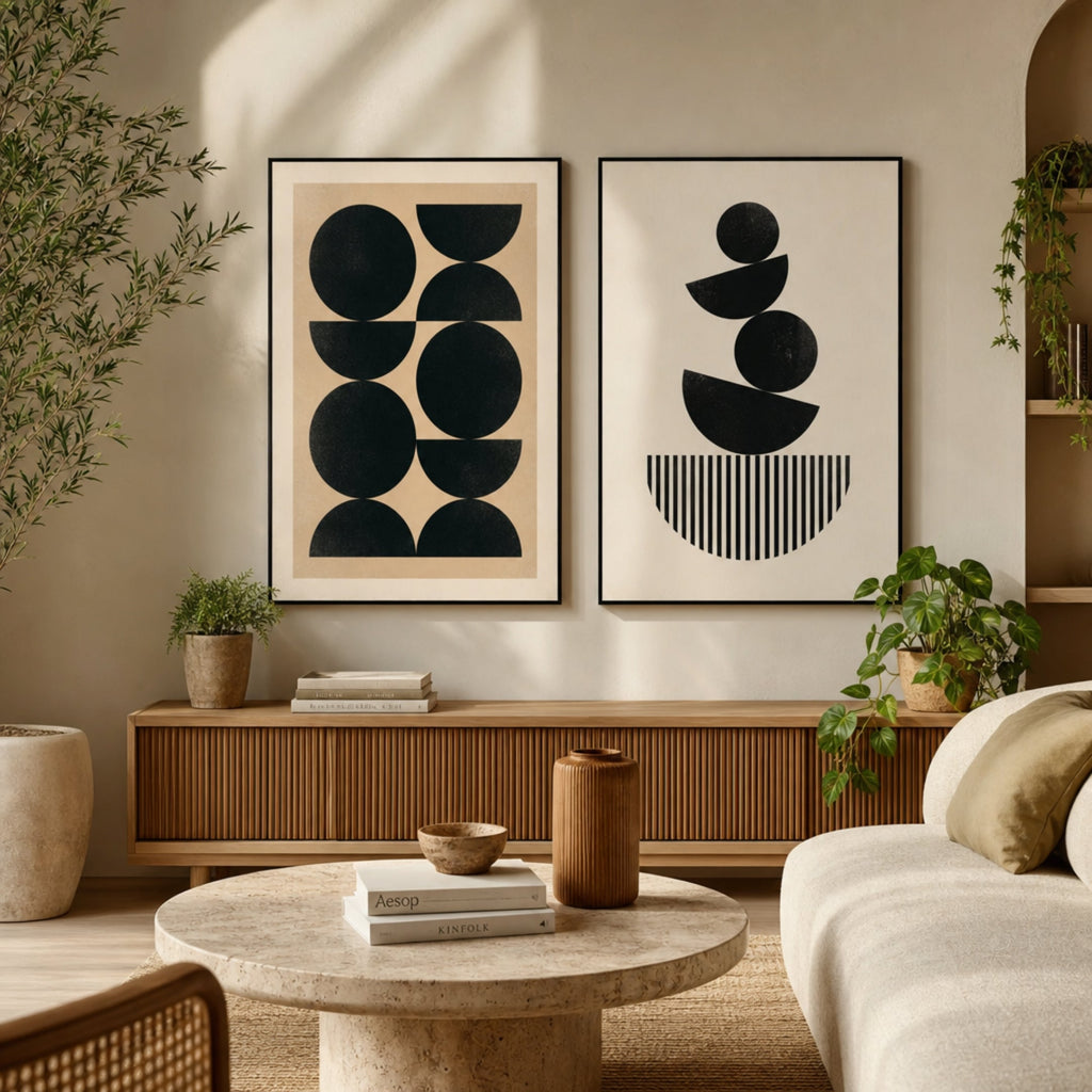 Tableau Géométrique Noir et Blanc Minimaliste dans salon