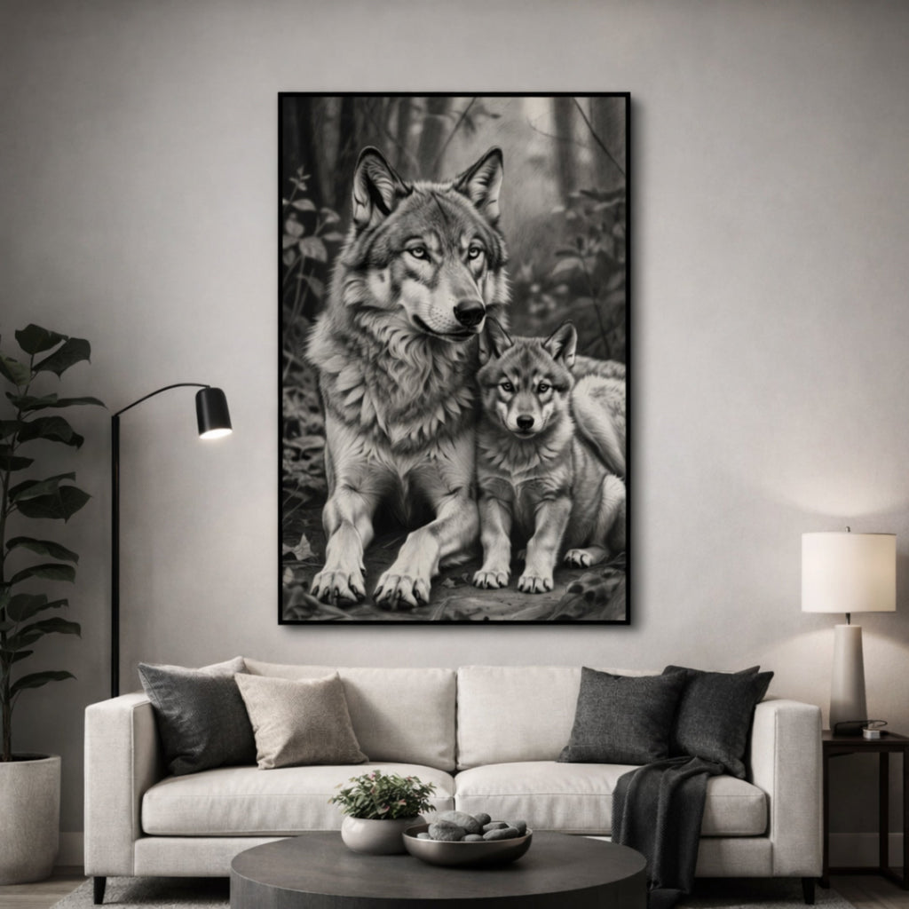 Tableau Loup et Louveteau pour salon