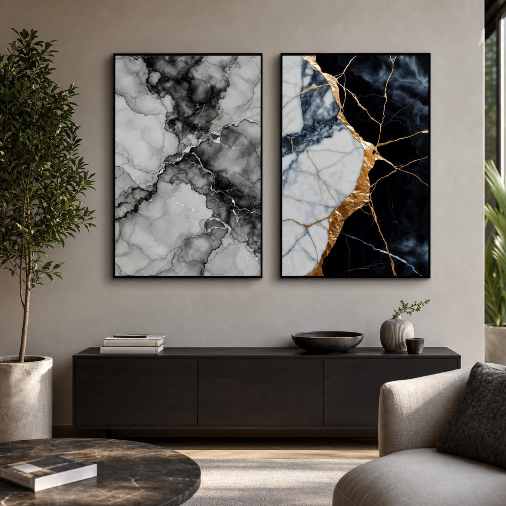 Tableau Marbre Noir et Blanc Luxueux dans salon
