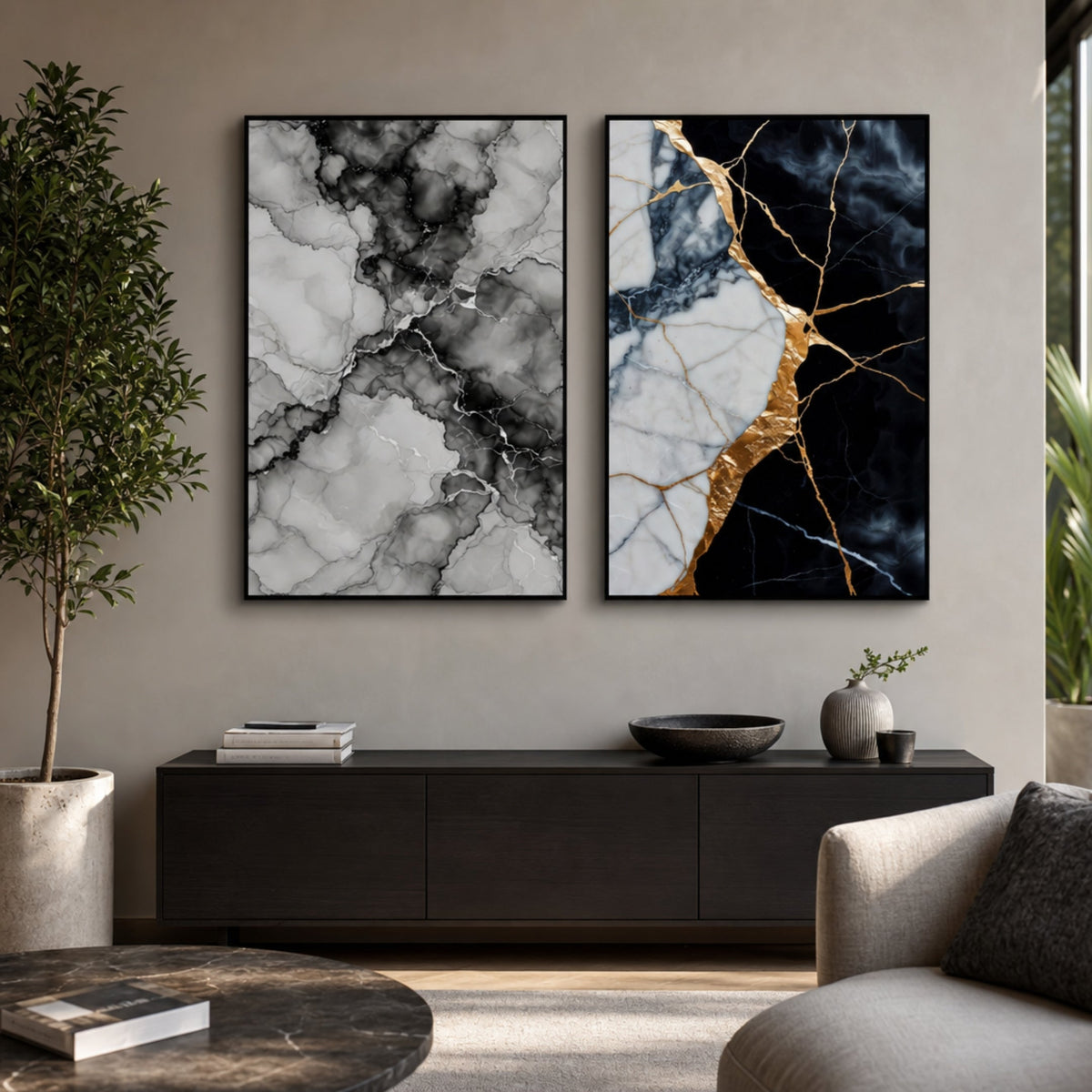 Tableau Marbre Noir et Blanc Luxueux dans salon