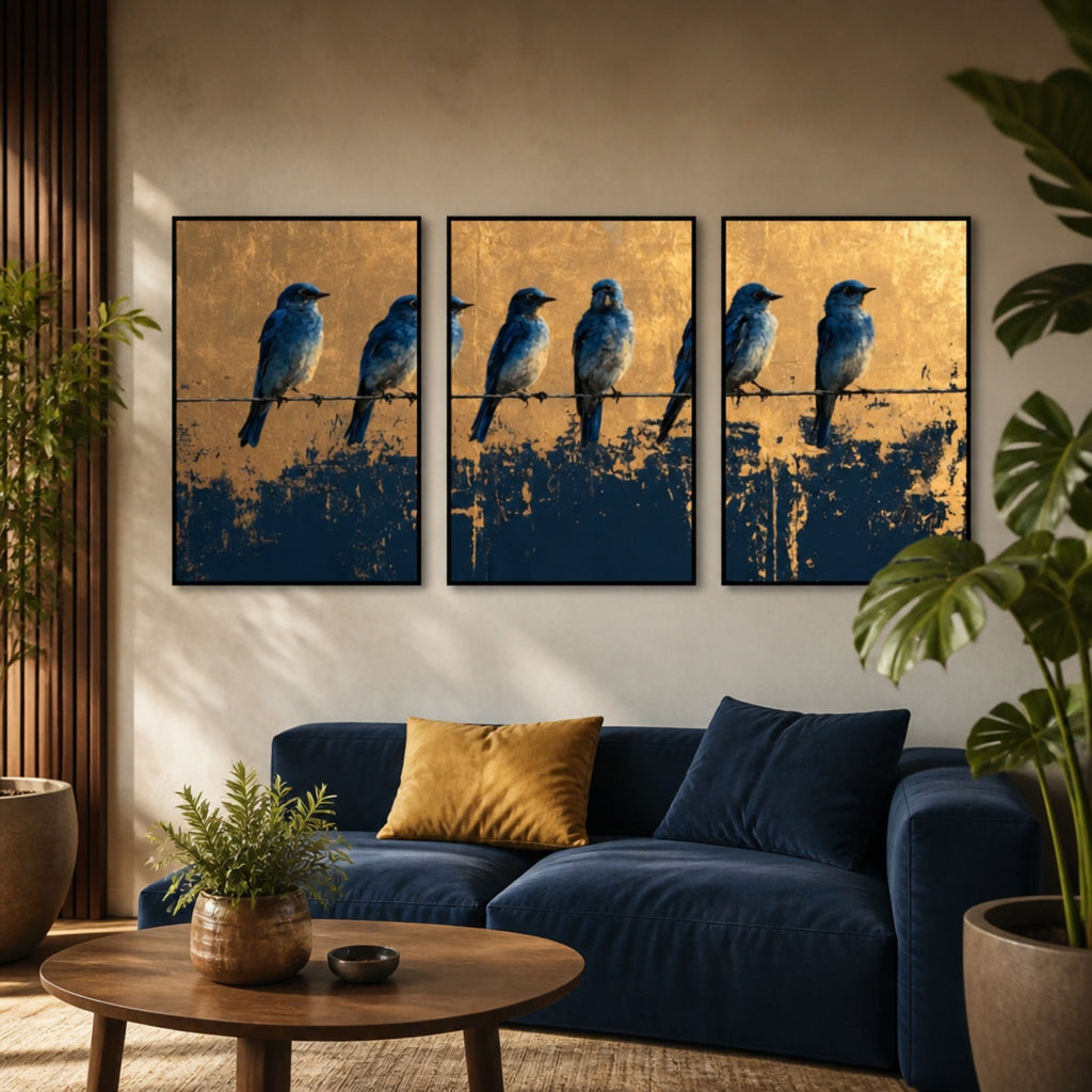 Tableau Oiseaux Bleu et Or pour salon