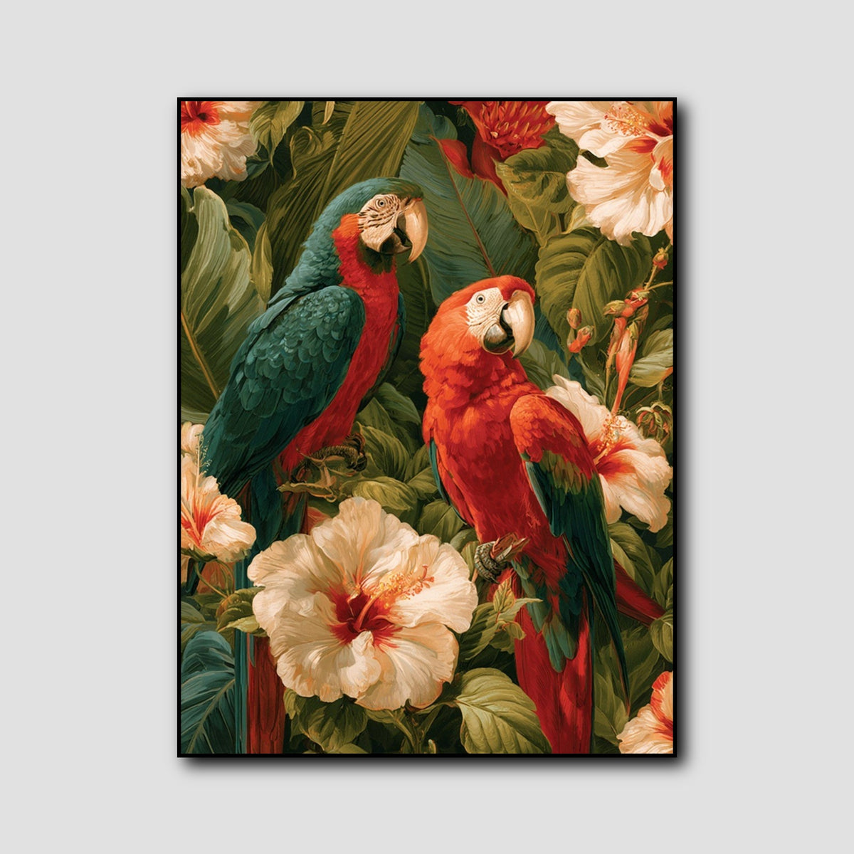 Tableau Oiseaux Exotiques et Feuilles Tropicales style 1