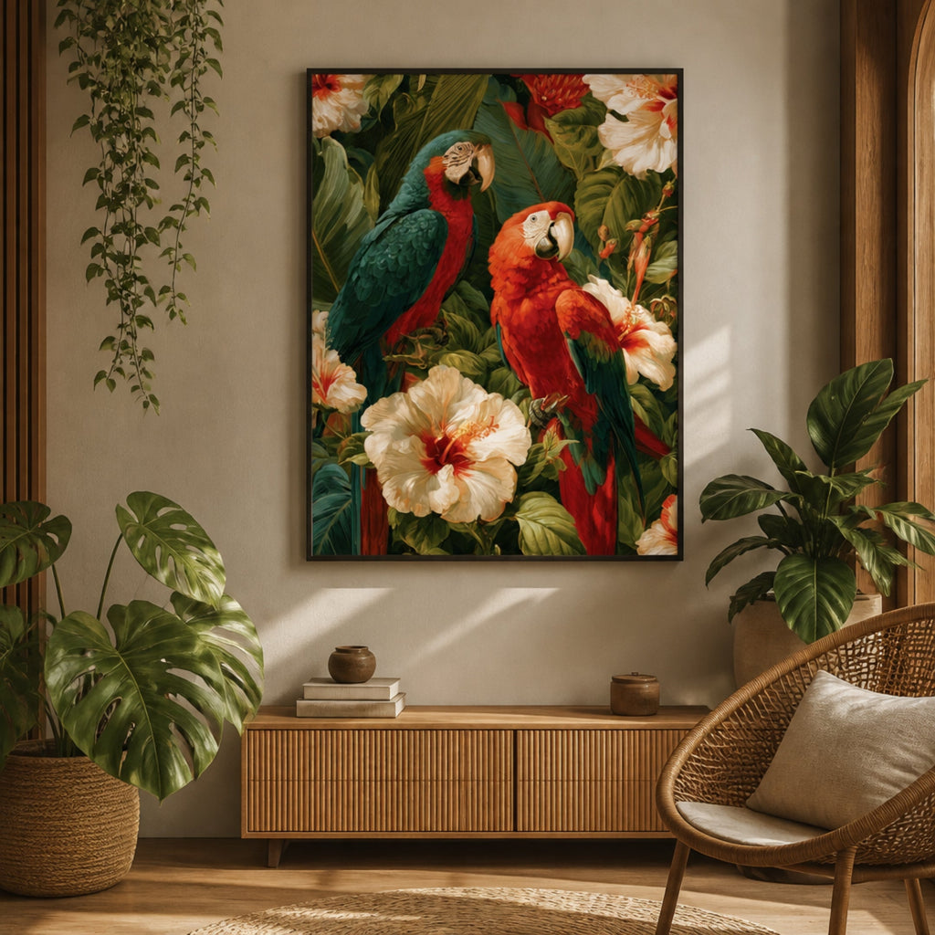 Tableau Oiseaux Exotiques et Feuilles Tropicales pour salon