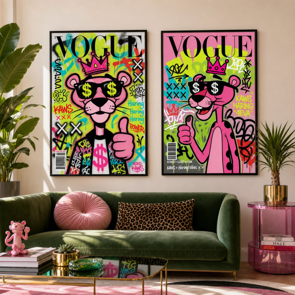 Tableau Panthère Rose Pop Art dans salon