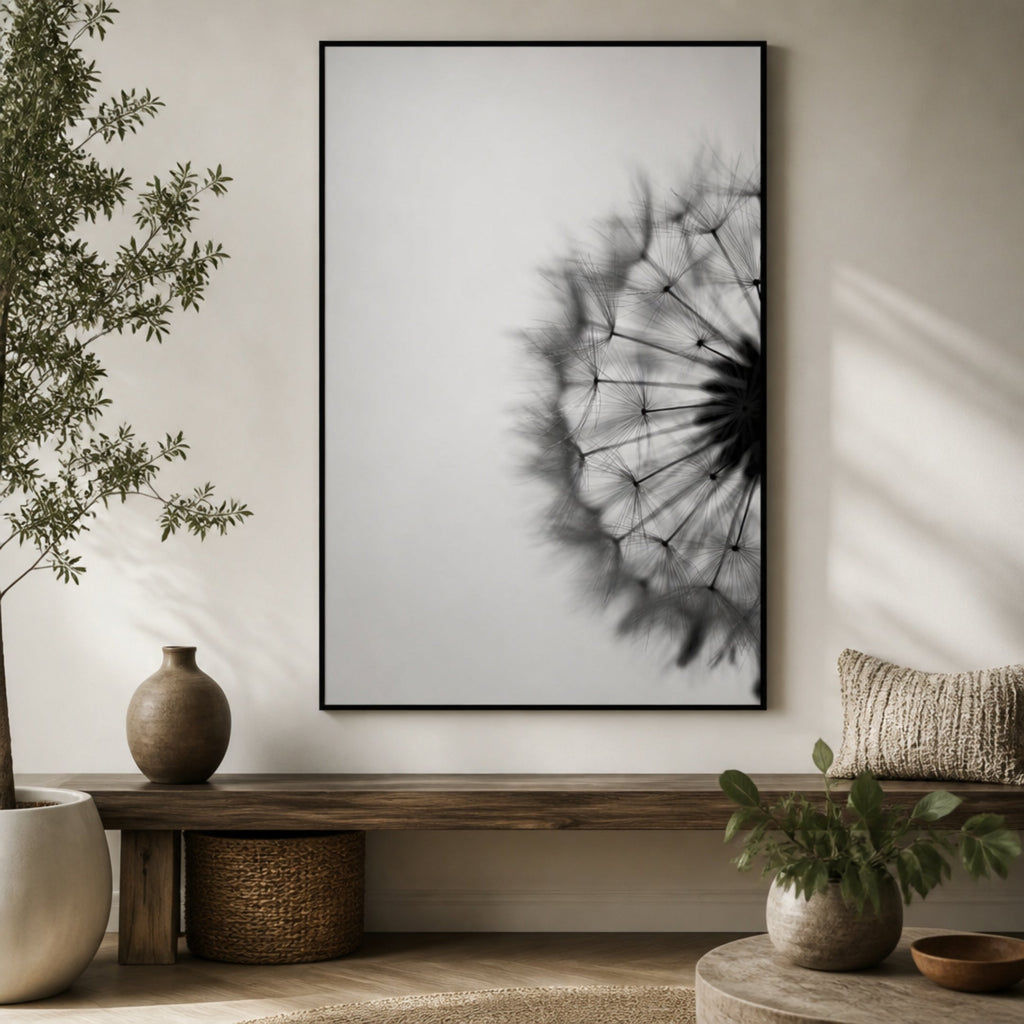 Tableau Pissenlit Noir et Blanc Zen pour salon