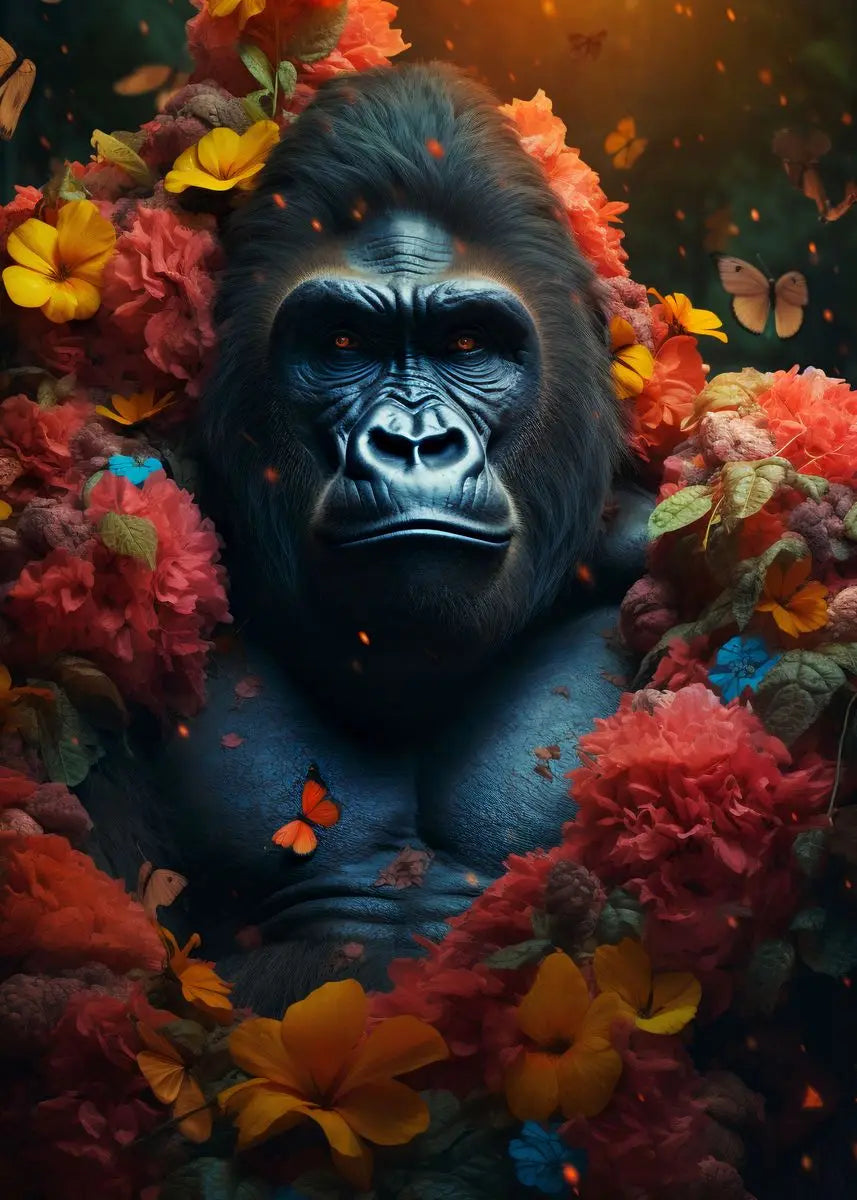 Tableau Portrait Gorille Fleur style 1