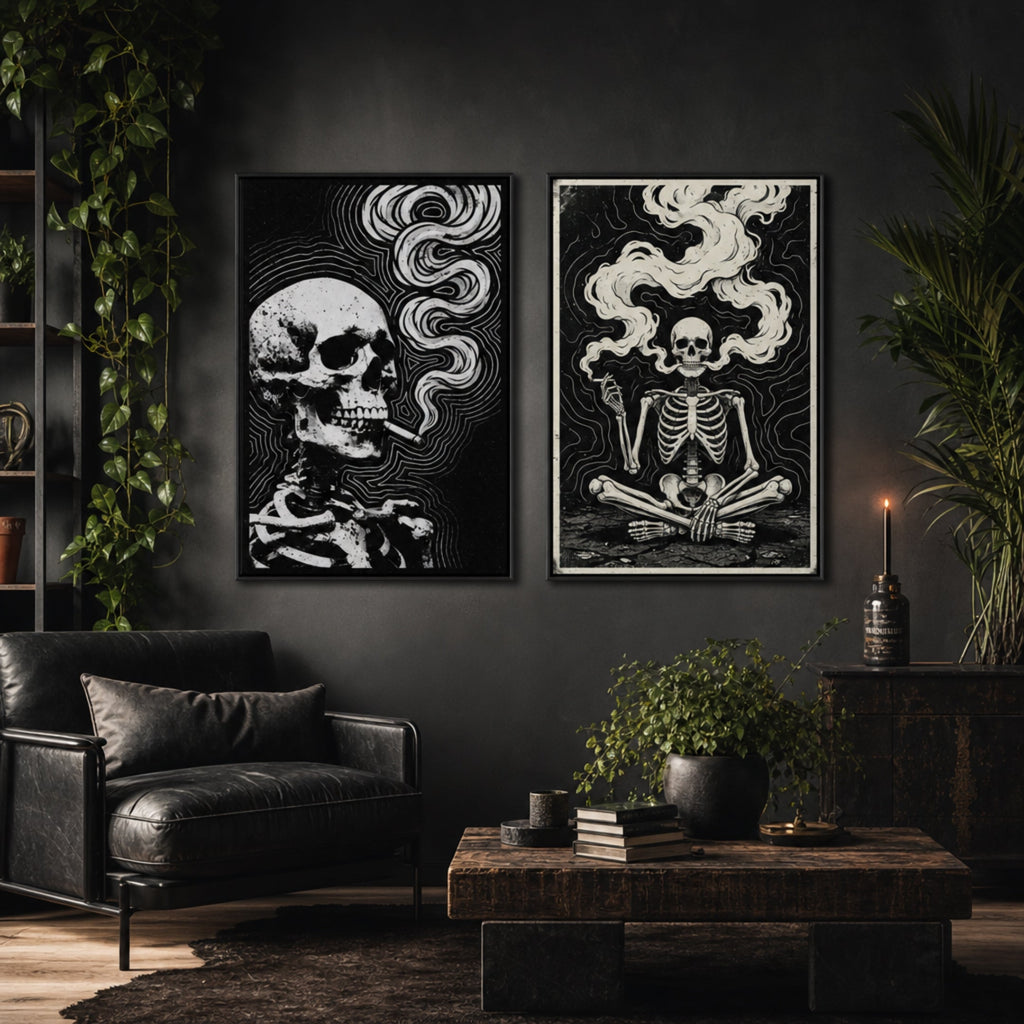 Tableau Squelette Fumeur dans salon