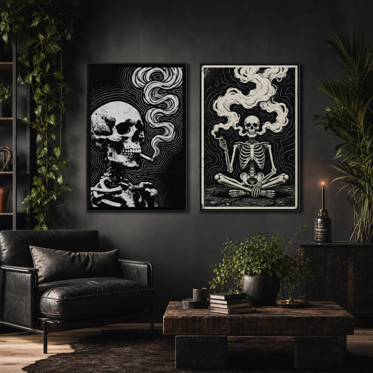 Tableau Squelette Fumeur dans salon