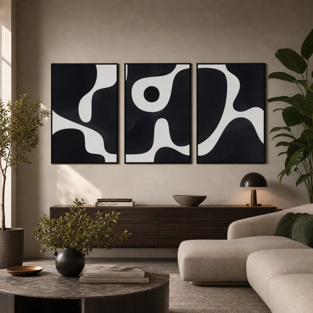 Tableau Triptyque Noir et Blanc Abstrait pour salon