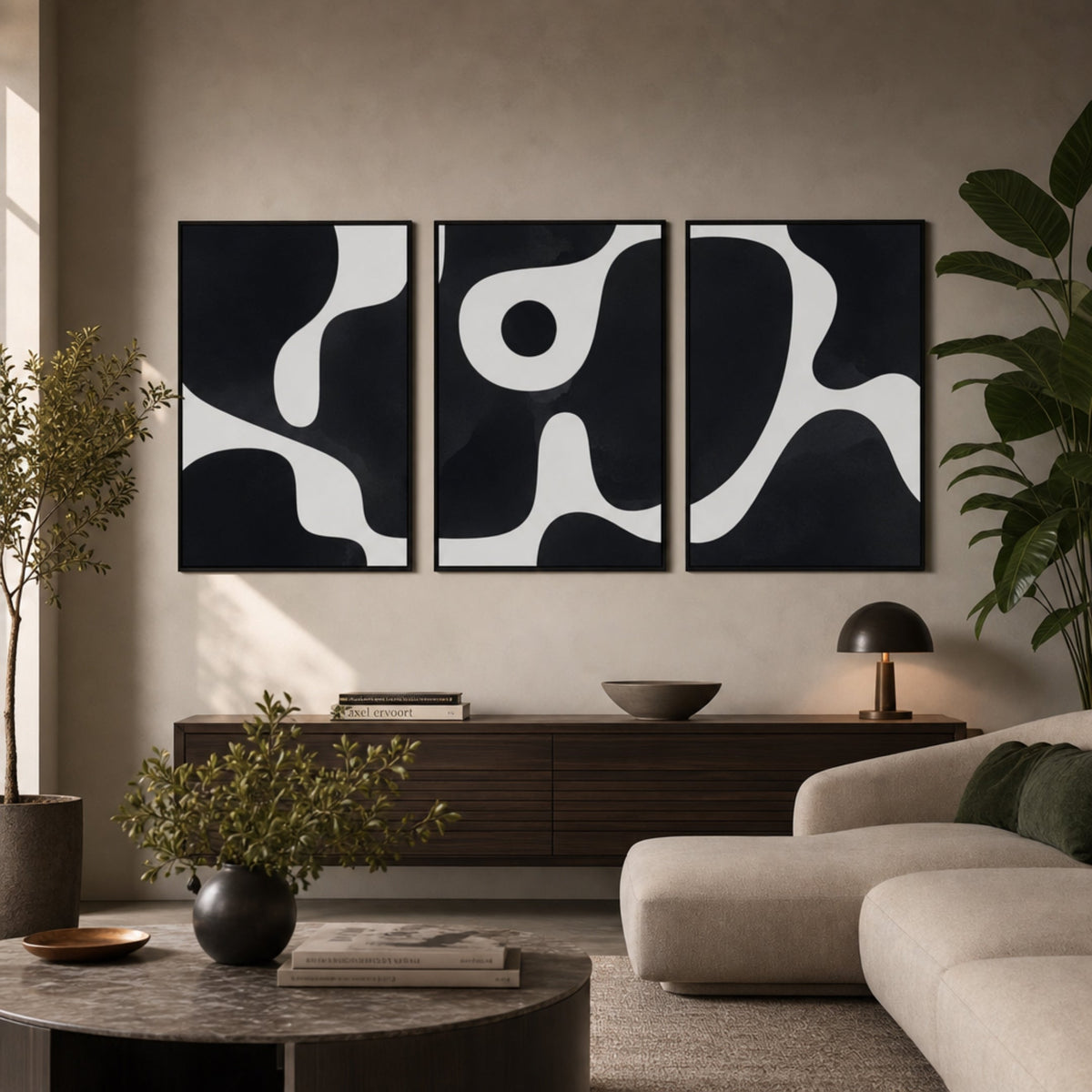 Tableau Triptyque Noir et Blanc Abstrait pour salon