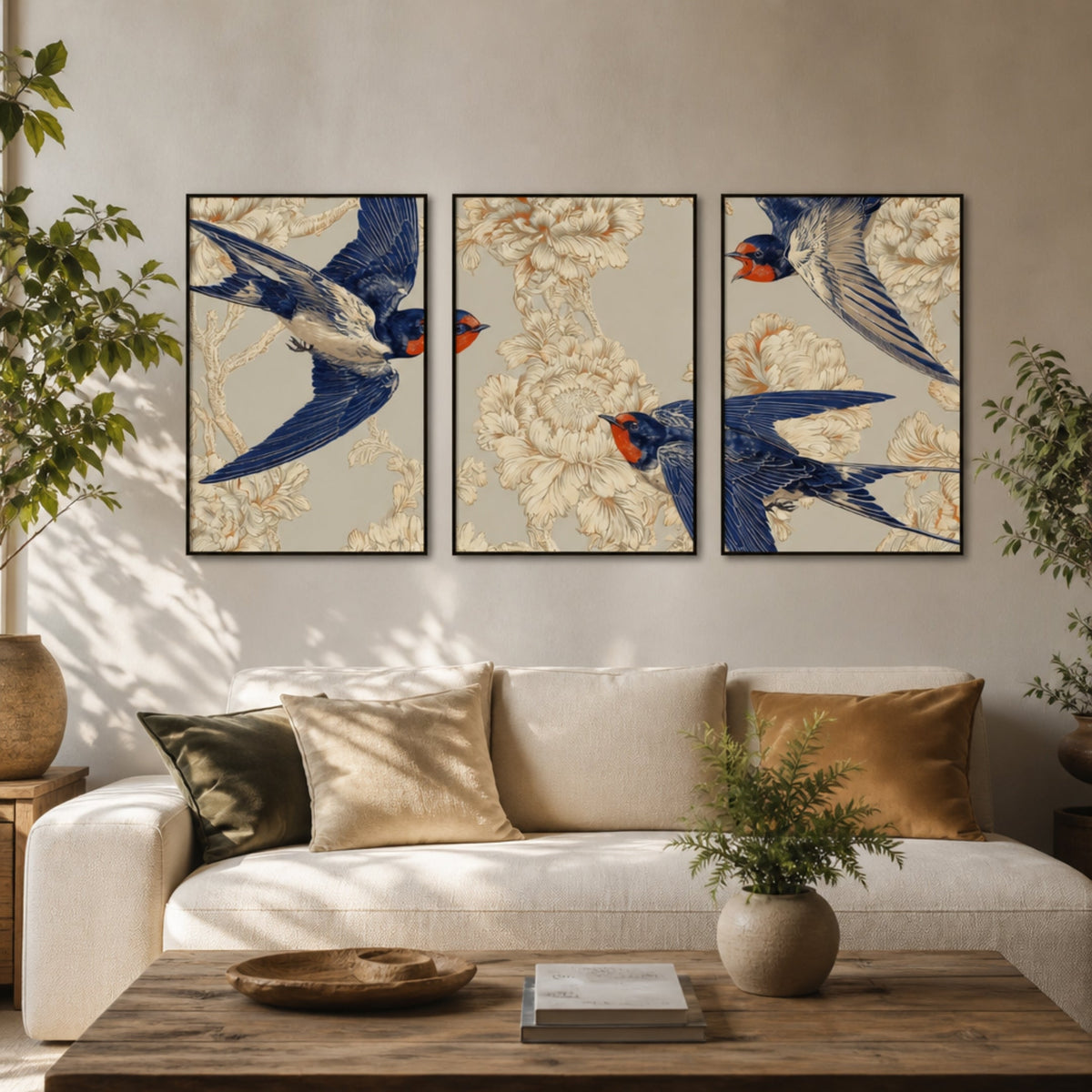 Tableau Triptyque Oiseaux pour salon