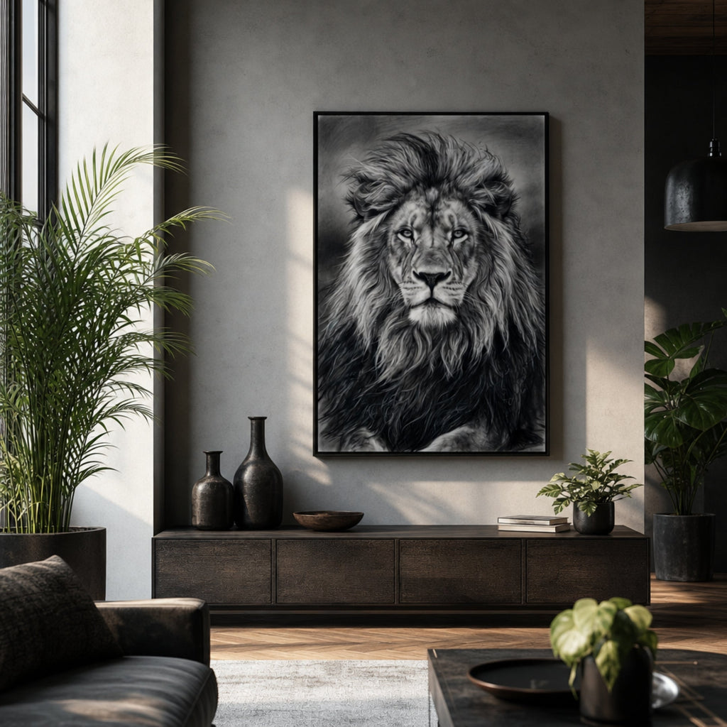 Tableau Tête de Lion Noir et Blanc pour salon