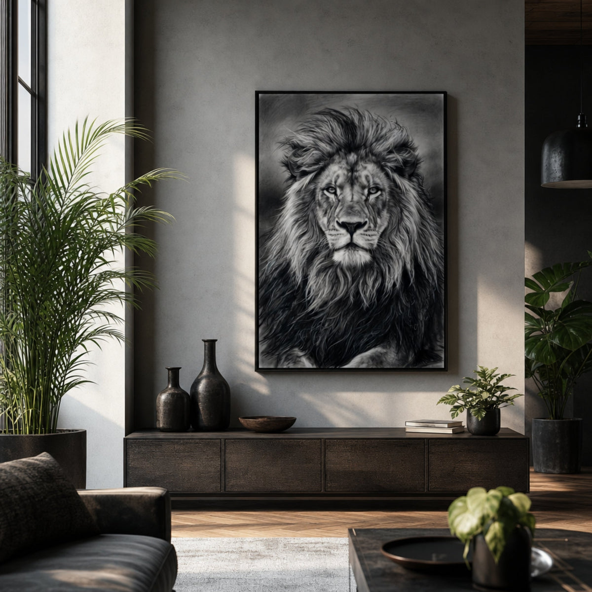 Tableau Tête de Lion Noir et Blanc pour salon