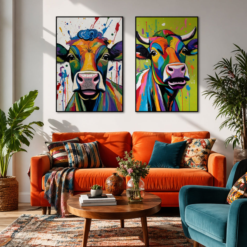Tableau Vache Pop Art dans salon