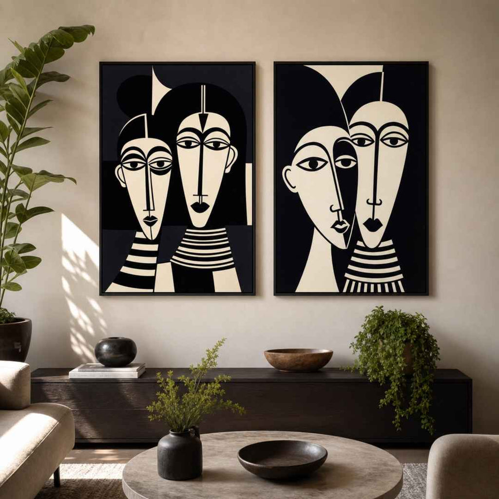 Tableau Visage Abstrait Noir et Blanc dans salon