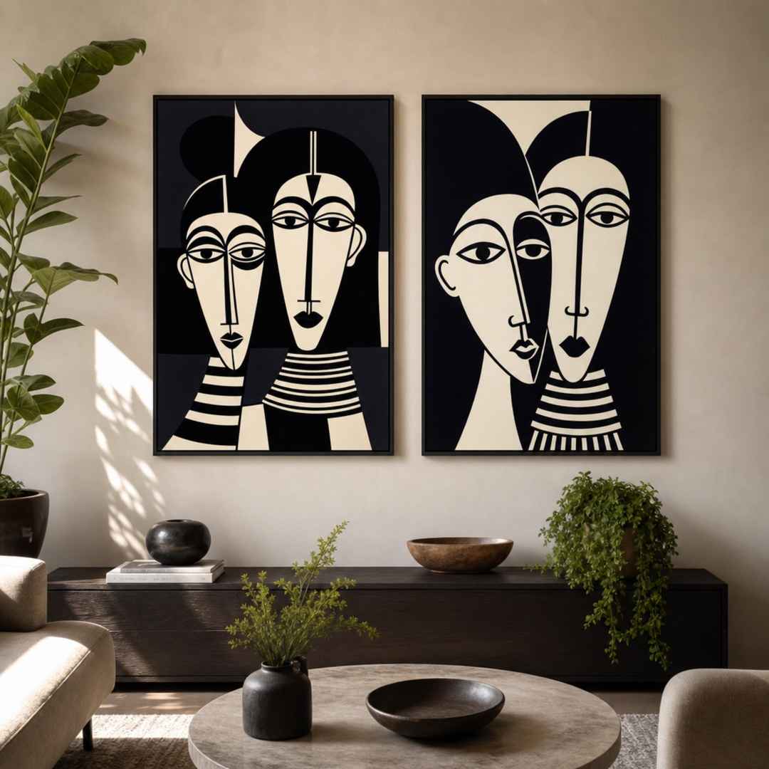 Tableau Visage Abstrait Noir et Blanc dans salon