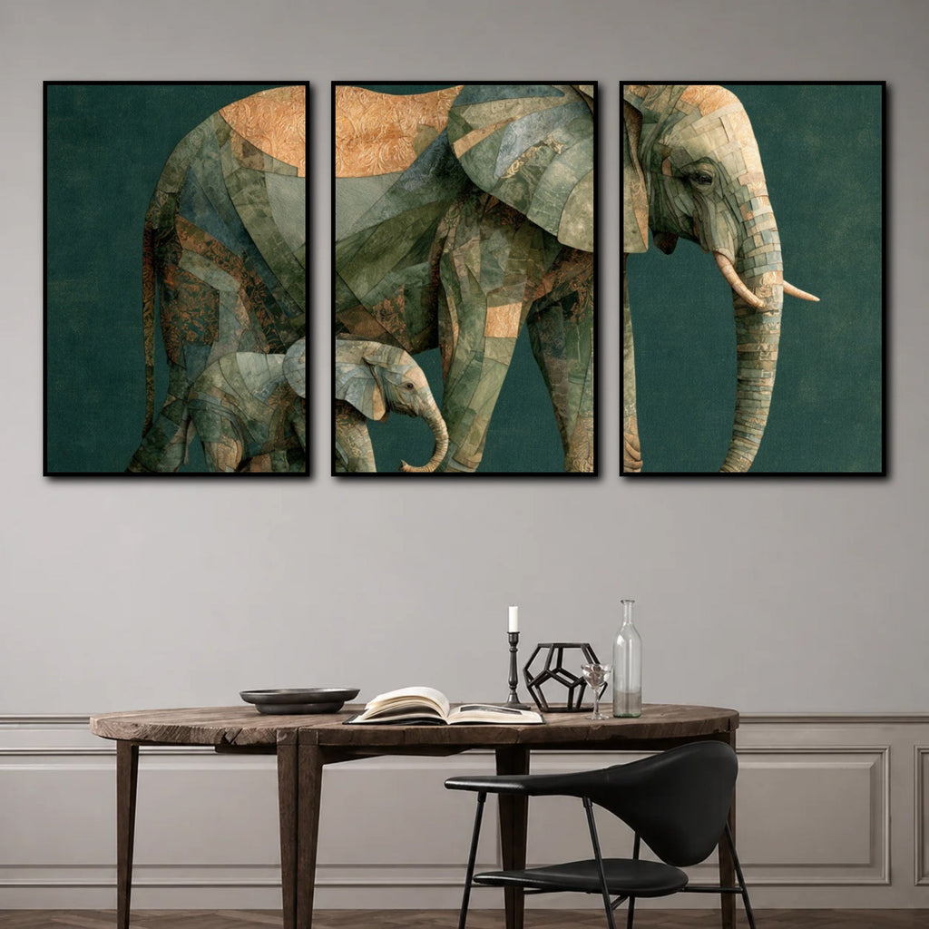 Tableau Éléphant Triptyque pour salon