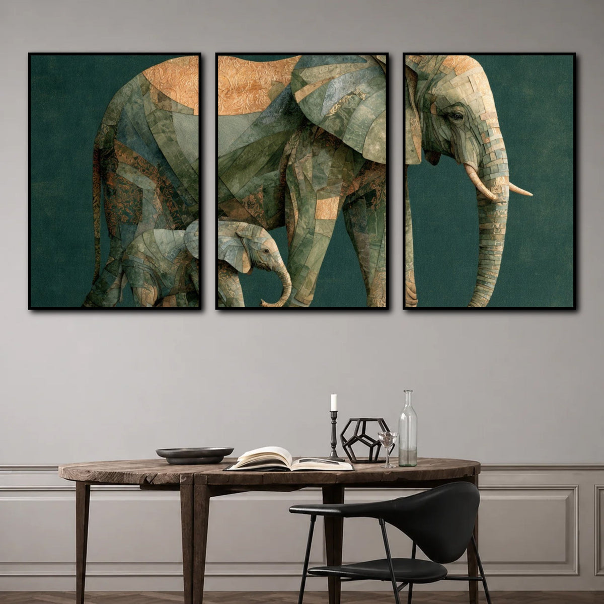 Tableau Éléphant Triptyque pour salon