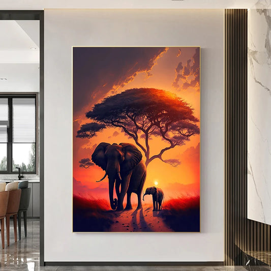 Tableau Éléphants Savane Crépuscule