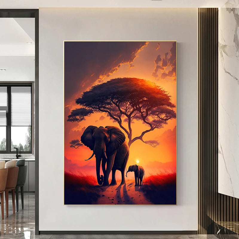 Tableau Éléphants Savane Crépuscule